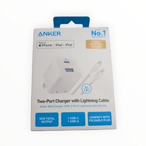 D3-O Anker 32W 2-Port Wall Charger USB-C USB-A Fast Charge Lighting Cable White